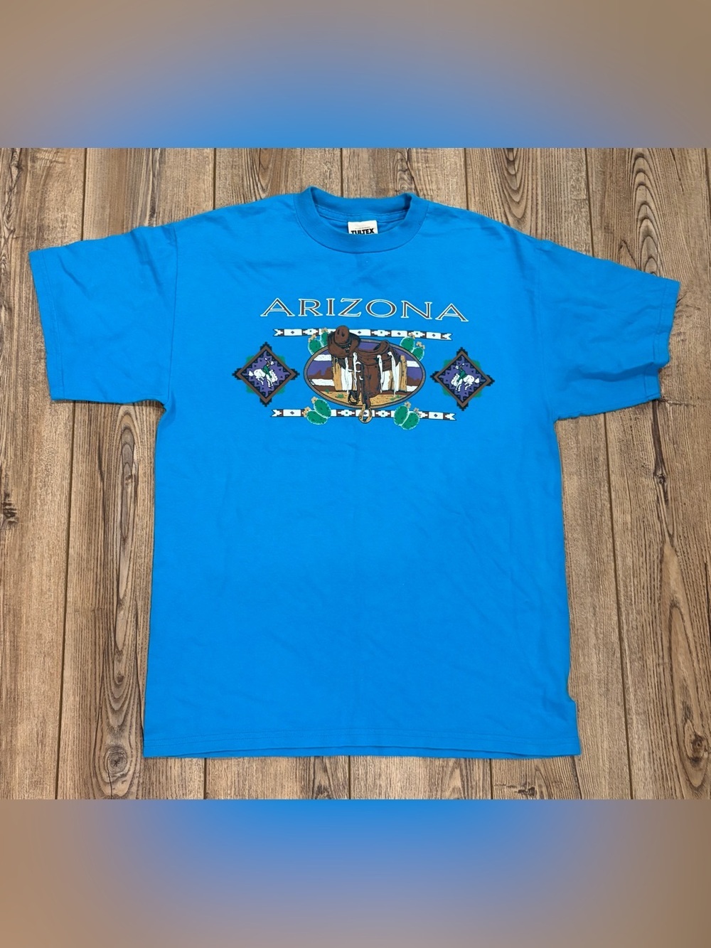 Vintage Arizona Souvenir T Shirt Large Blue Western Cowboy Saddle Tultex